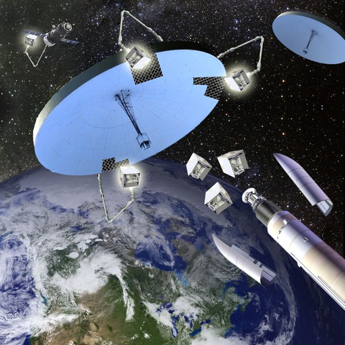 Illustration for Made In Space showing 3D printers creating parts for a damaged communications dish
