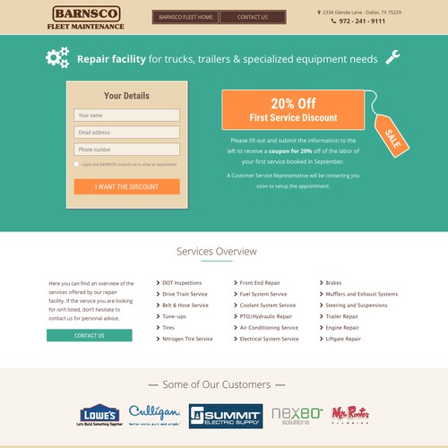 Landing page for fleet maintenance company