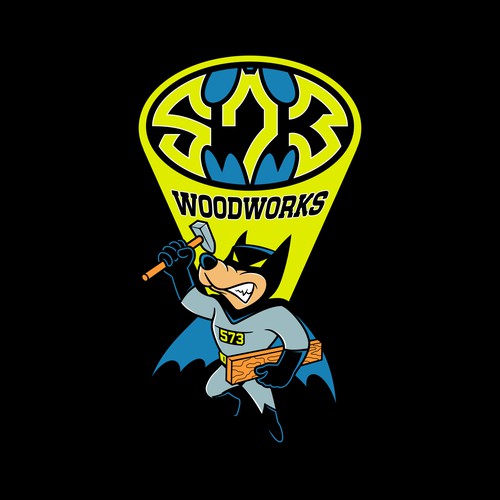 Cartoon hero logo design for 573 WOODWORKS