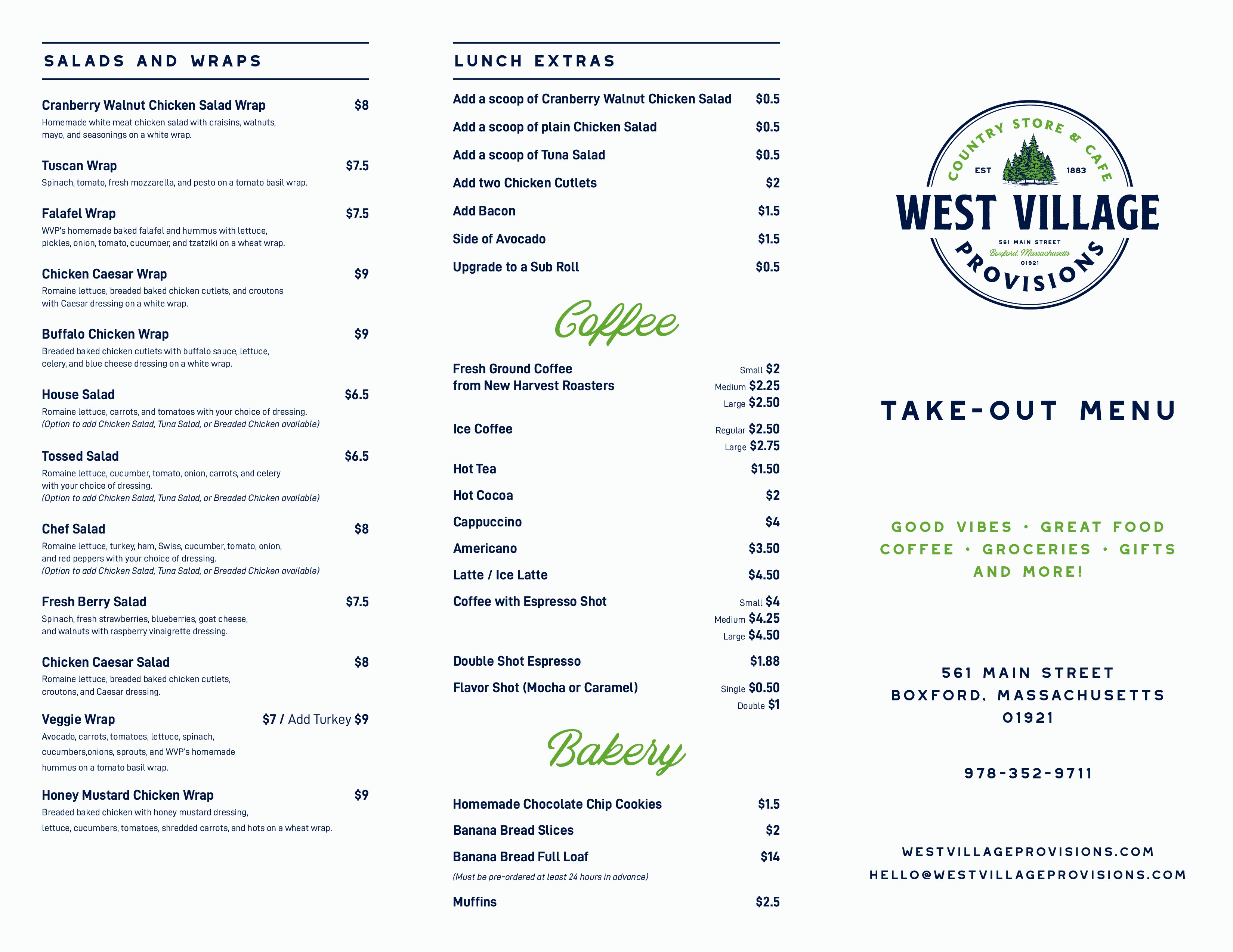 West Villlage Provisions Takeout Menu