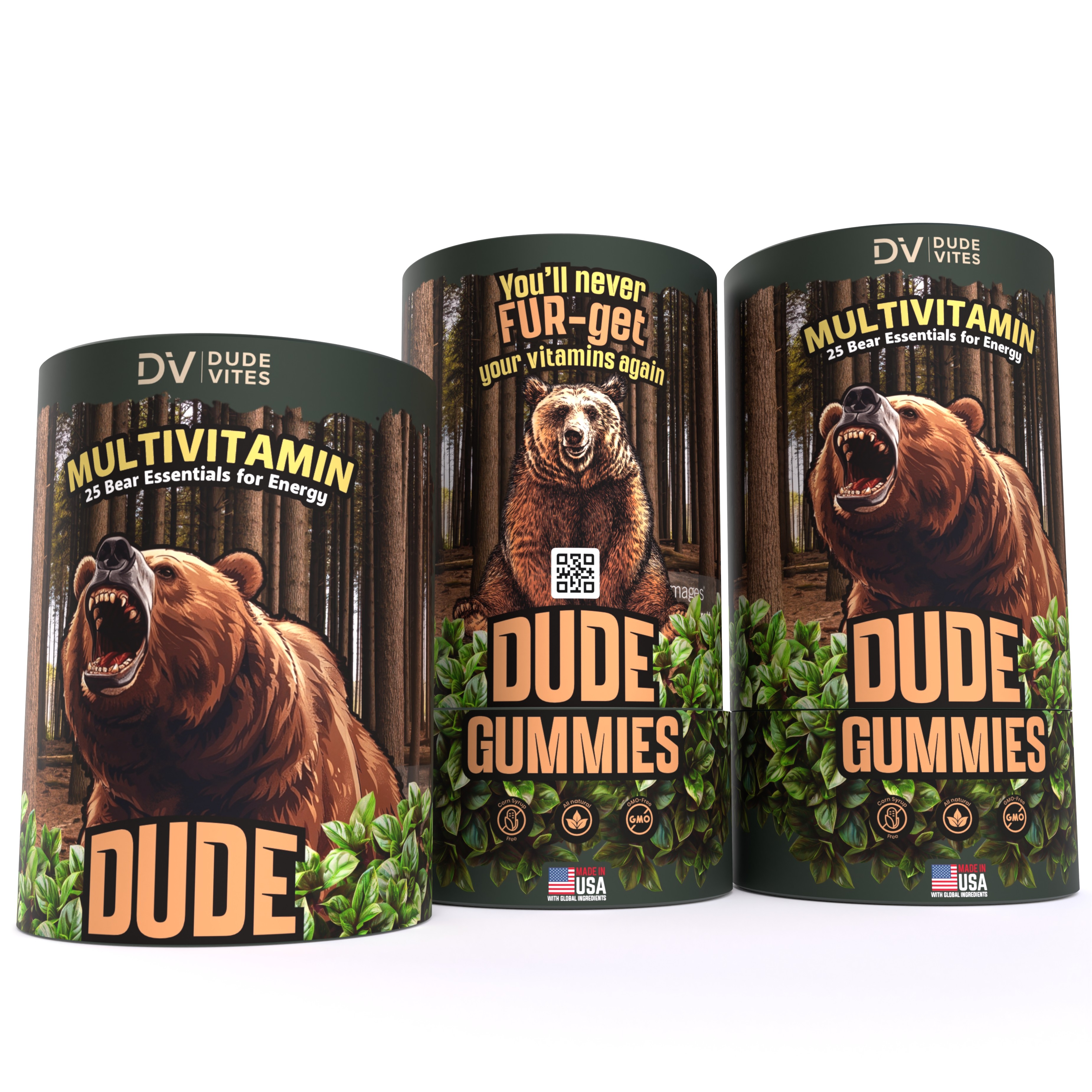 We need an innovative packaging design for our new "Dude Gummies" MultiVitamins