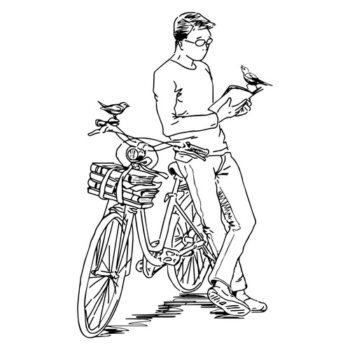 Hand drawing of man with his bike & books