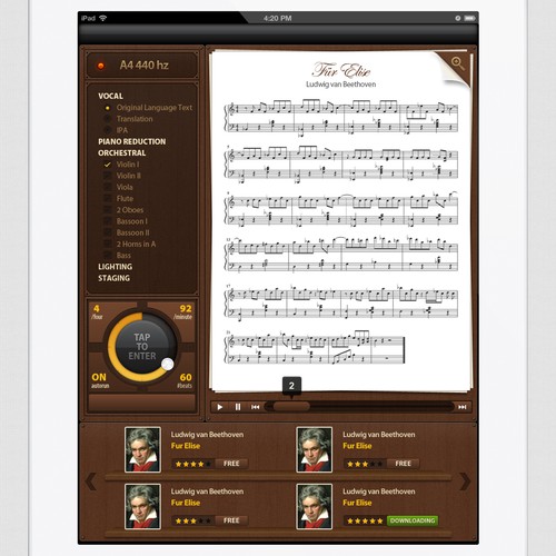 Award + additional work: iPad music notation wireframe -> eye-popping screenshot!! 