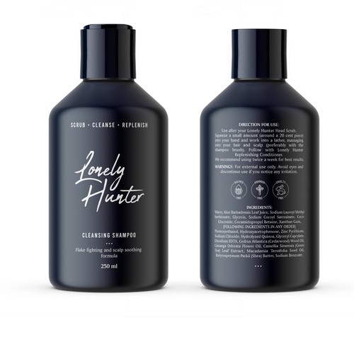 Minimalist shampoo bottle design for approachable male hair brand