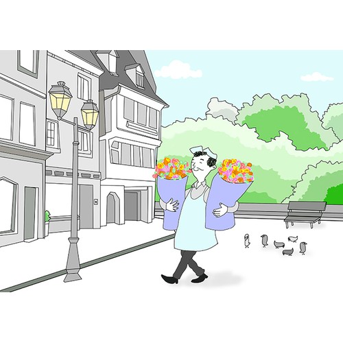 Illustration of a flower man delivering flowers