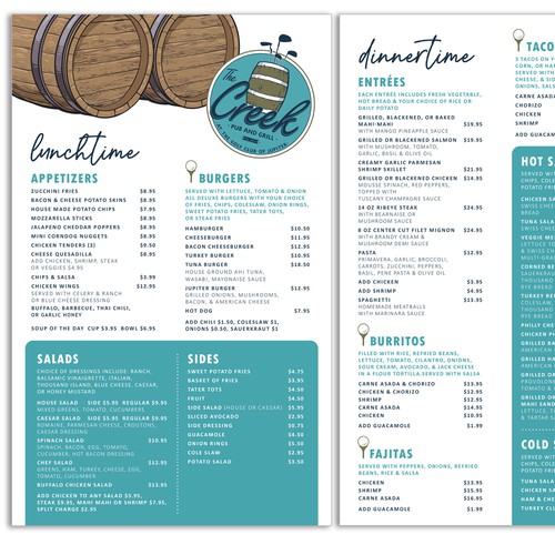 Menus for a Pub & Grill at a Golf club