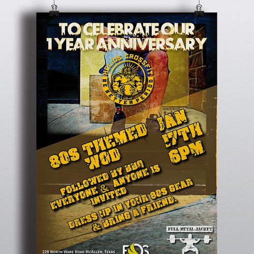 Create a flyer for Helios CrossFit 1 Year Anniversary Community WOD