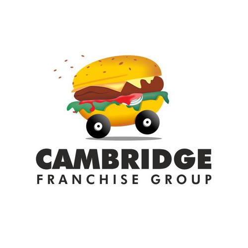 Fun logo for fast-growing company: Hamburger on wheels / Hamburger driving a vehicle