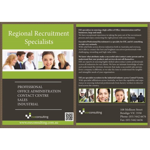 Design a modern, funky, dynamic, professional brochure for a successful boutique recruitment agency