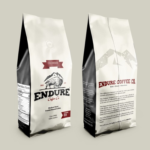 Bold, Driven, Relentless. Cofee Bag Packaging Design for Endure Coffee Co.