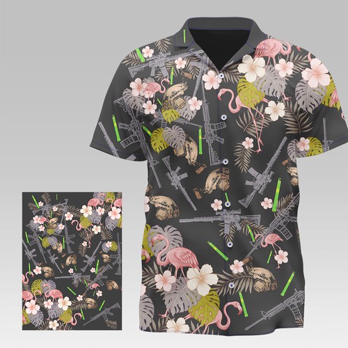 Tactical Tropical Shirt Pattern – Floral, Flamingo & Military Theme Design
