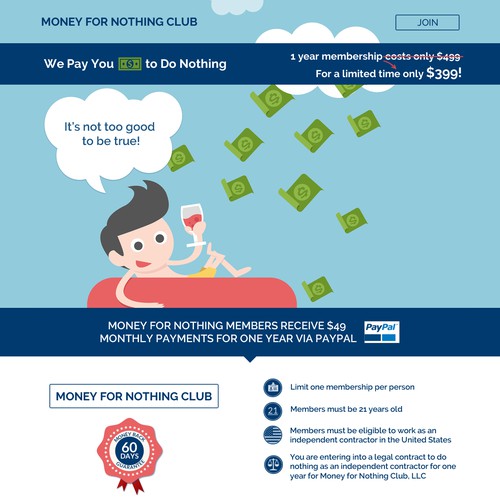 Landing page for Money for Nothing Club