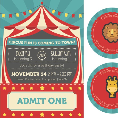 Circus Birthday Invitation + stickers