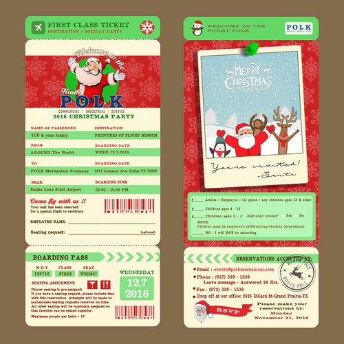 Boarding-pass design Christmas invitation for POLK Mechanical Company