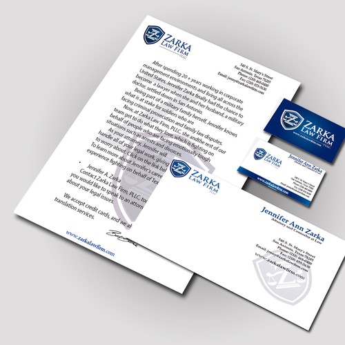 Create a Business Card and Stationery for Zarka Law Firm, PLLC