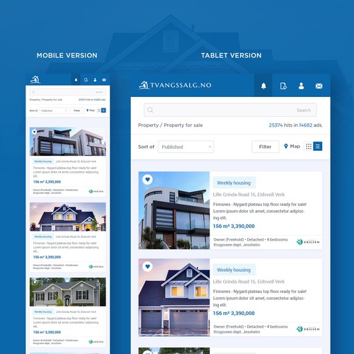 Real estate website design. Mobile and Tablet version