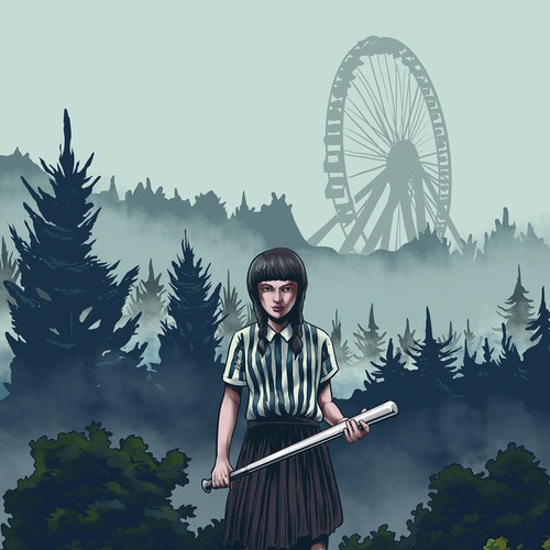 illustration of girl in foggy forest