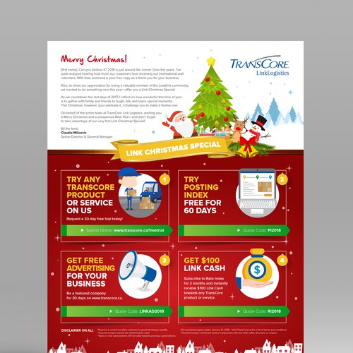 Design a Happy Holidays Letter and Promo for Trans Core Link Logistics