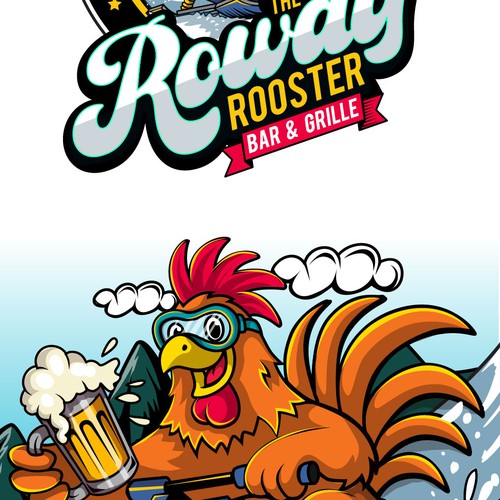 Need fun playful design with a colorful cool looking rooster at a lake or skiing or riding on snowmo