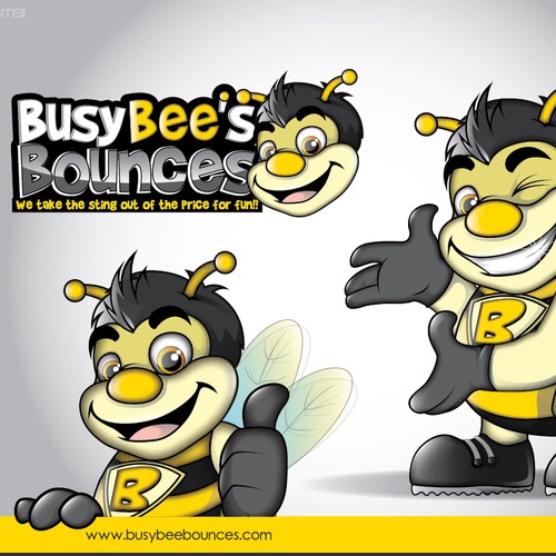 Create the next logo and business card for Busy Bee's Bounces