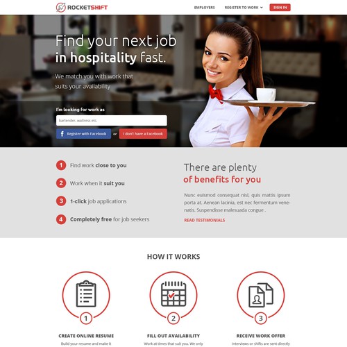 Landing page for a casual hospitality job website