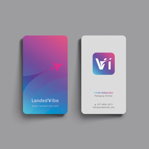 Clean and vibrant business card for landedvibe.