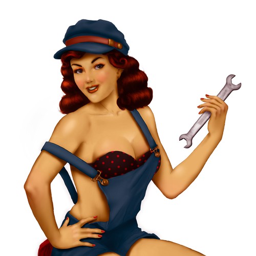 Kneeling pin-up girl for a motorcycle shop