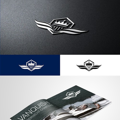 Create the next logo and business card for Vanquish Superyacht Charters