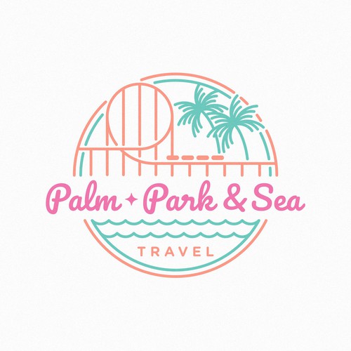 Retro and playful badge logo for Palm, Park & Sea Travel