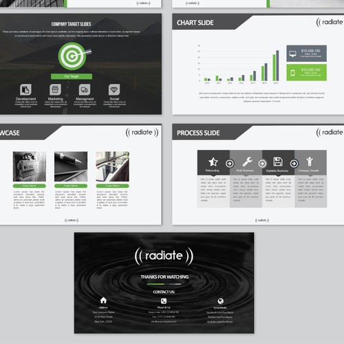 A digital marketing brand called Radiate needs a clean, modern PowerPoint template!