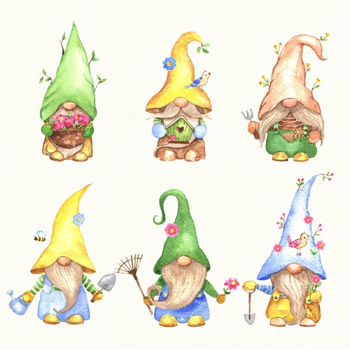 Spring Gnomes watercolor illustration 🌸 🌱 🌼🌱