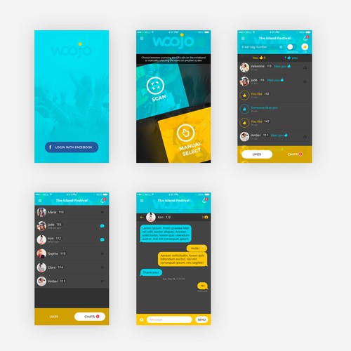 Create a mobile app design for WOOJO, a party and festival dating app.