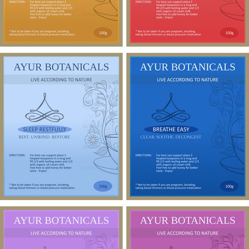Ayur Botanicals needs a standout elegant front label for a range of 8organic herbal beverage blends.