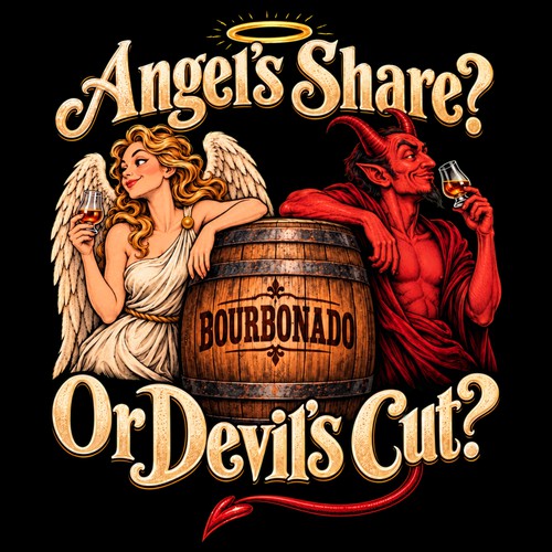 Angel’s Share or Devil’s Cut – Fun Illustrated Bourbon T-Shirt Design - I Can Create Something Similar For You Too