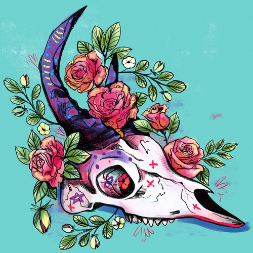 Bull skull with roses