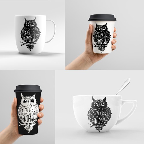 The hand-drawn sketch of an owl for the design of coffee mugs.
