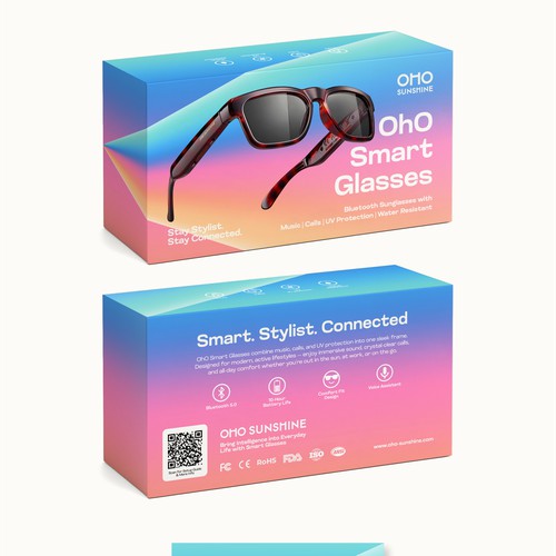 Create a Bold, Gradient Packaging Design for Smart Bluetooth Sunglasses
