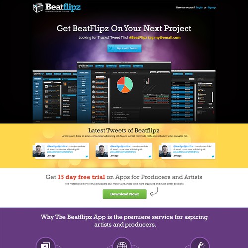 Create a landing page for the music app service, BeatFlipz