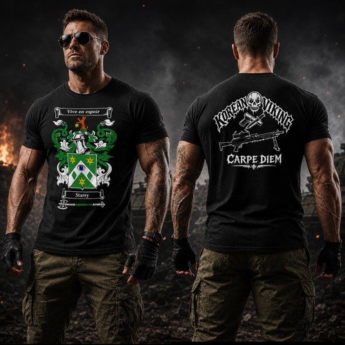 Bold Heraldic Crest & Warrior Skull Tactical T-Shirt Design