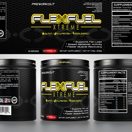 Create a new generation Product label for a pre-workout powder mix drink