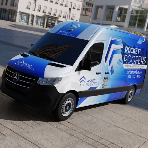 Creative and fun design van wrap for Rocket Roofers 