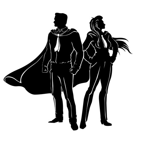 Silhouettes of business man and woman as super heroes 