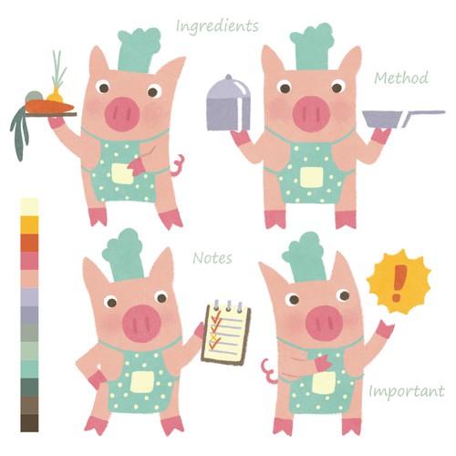 A pig character for recipe cards