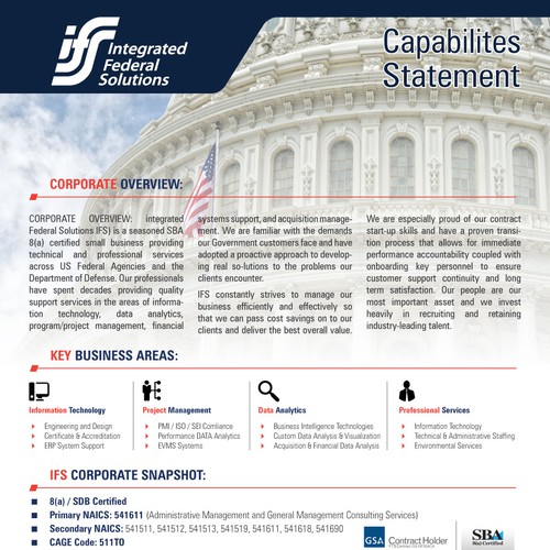 Create single page marketing / capabilities statement for clients in the federal marketplace