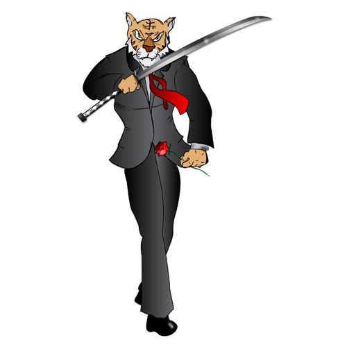 Bold TIGER wearing a suit, holding Rose and Sword