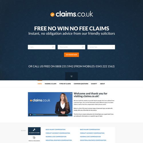 Landing page for Claims.co.uk