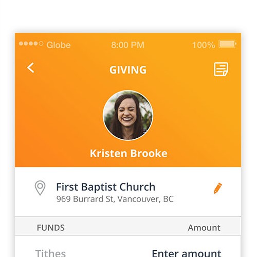 Design for payment/tithe giving app