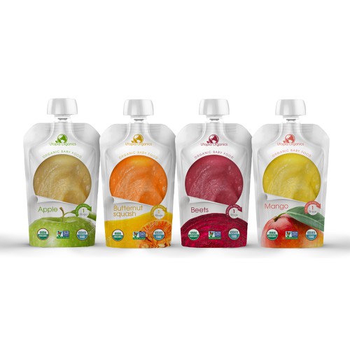 The design of the packaging of fruit and vegetable puree.