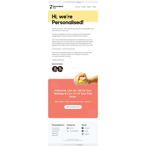 Custom HTML Welcome Email Template for Personalised Co. on Klaviyo ESP