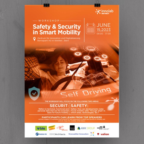 Modern, innovative and powerful poster for a workshop "Safety & Security in Smart Mobility"